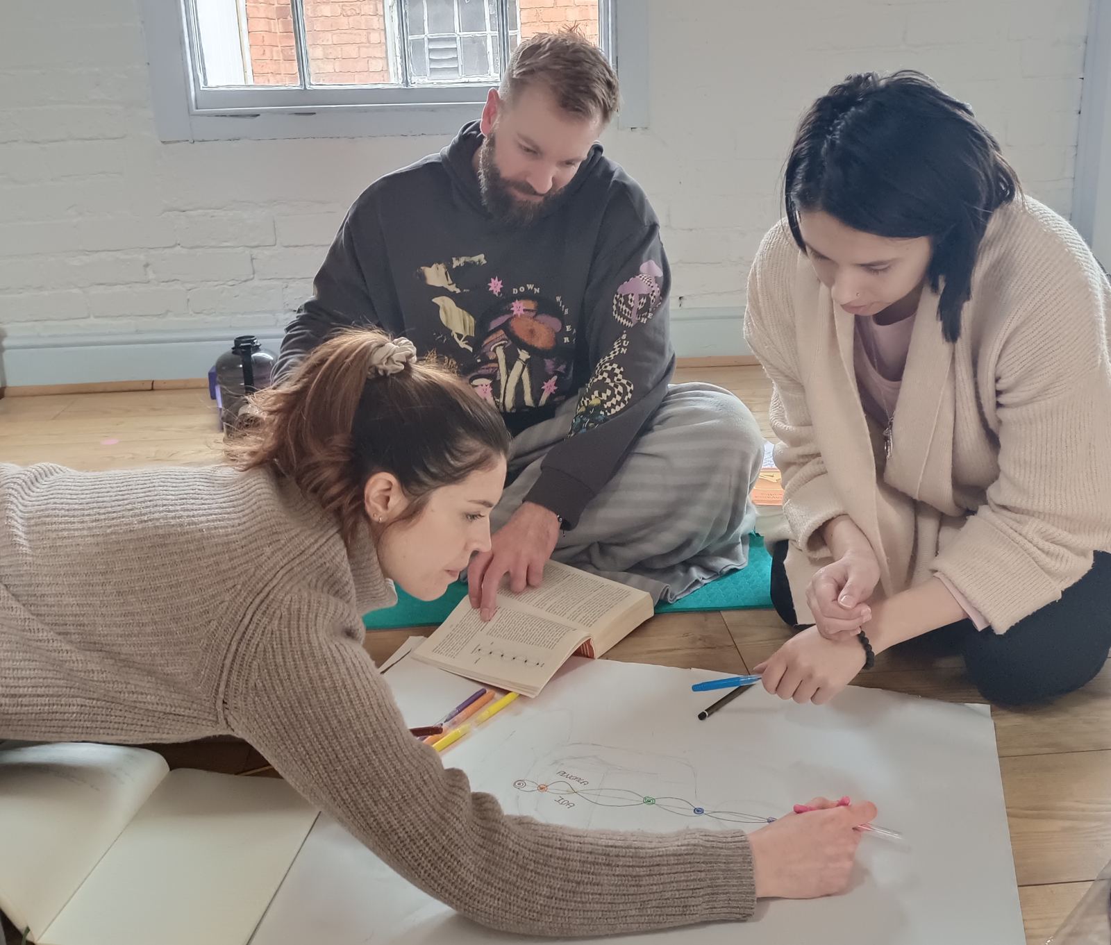 Teacher trainees working together on a group task in the studio